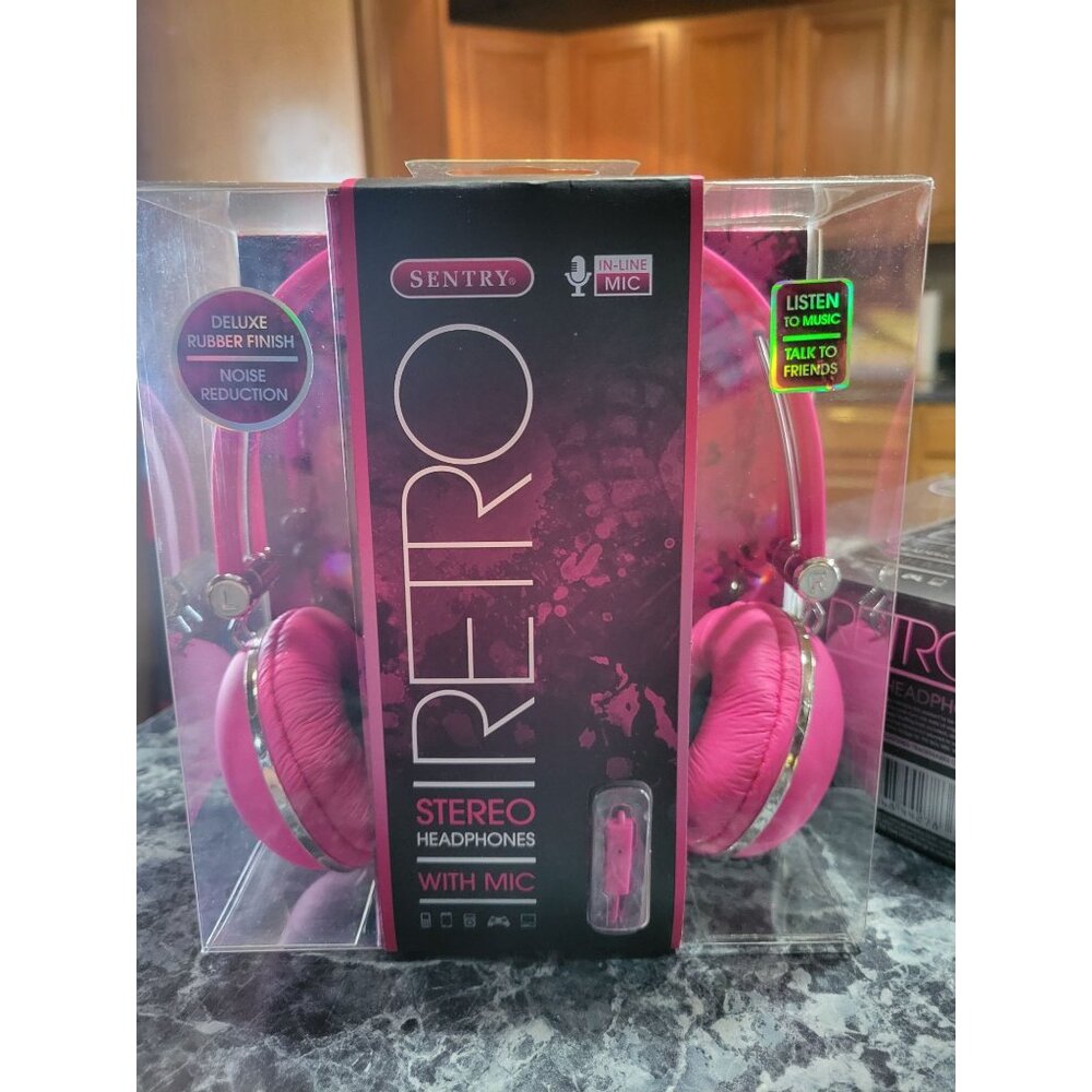Sentry Retro Stereo Headphones With Inline Mic Noise Reduction Pink Deluxe Rubbe